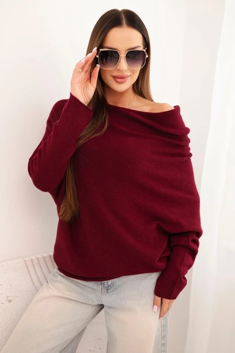Sweter bluzka damski asymetryczny typu nietoperz - Bordowa