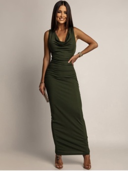 Sukienka maxi prążkowana khaki z lejącym dekoltem i wycięciem na plecach