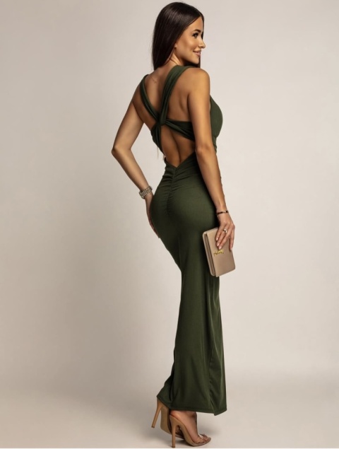 Sukienka maxi prążkowana khaki z lejącym dekoltem i wycięciem na plecach